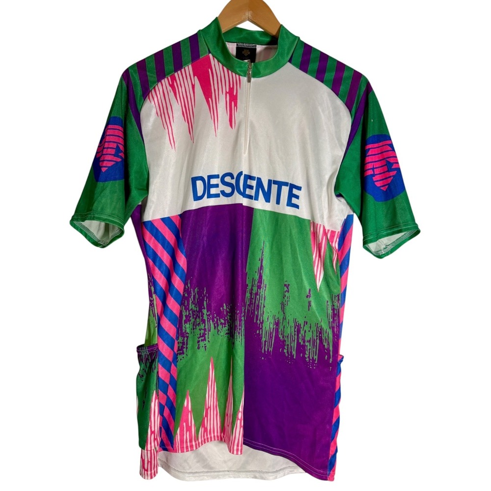 Vintage Descente Men's 80's Cycling Jersey Japan Neon Half Zip White Abstract XL